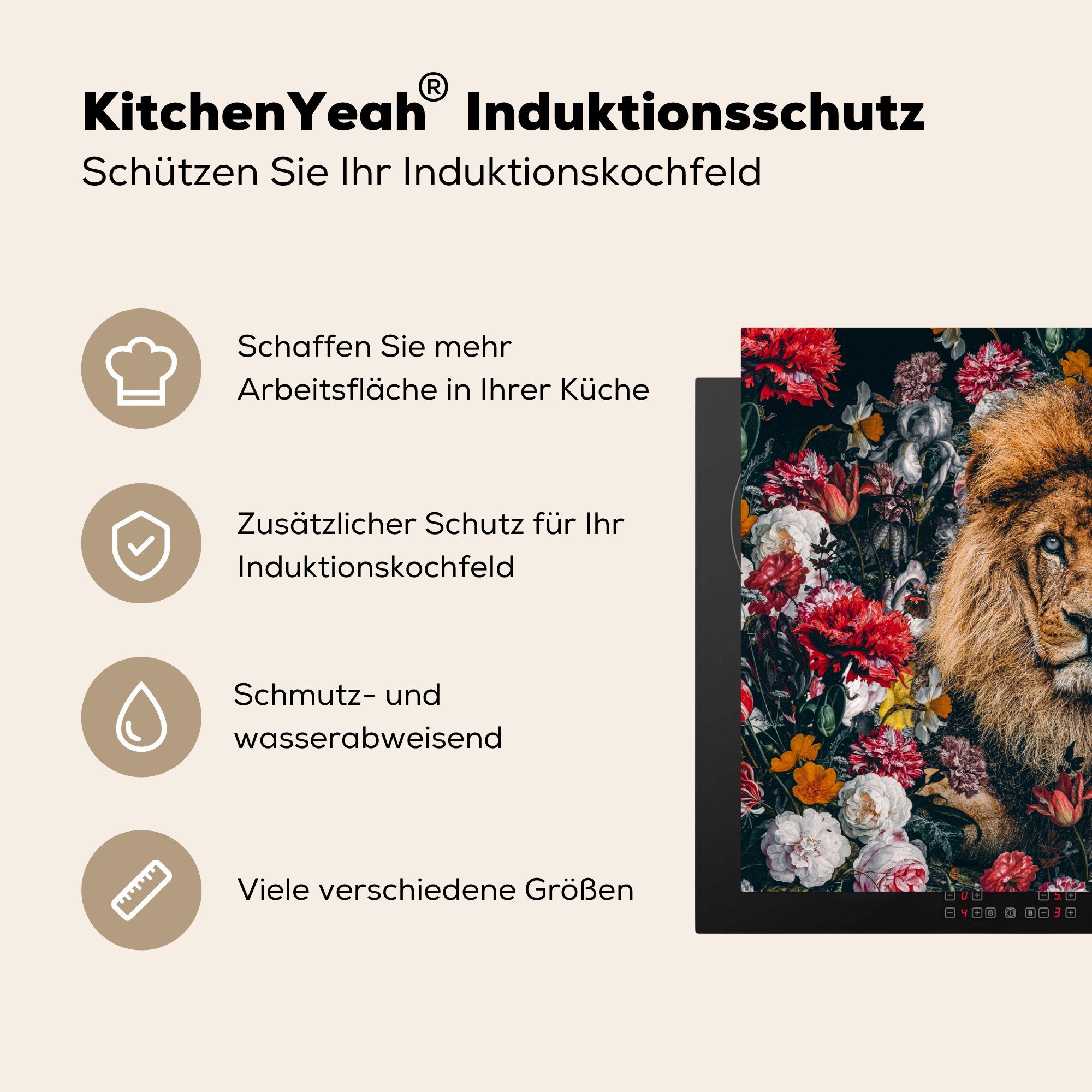 Löwen - Ceranfeldabdeckung Vinyl, (1 die 81x52 - Induktionskochfeld Farbe, cm, Herdblende-/Abdeckplatte küche, Blumen für Schutz MuchoWow tlg),