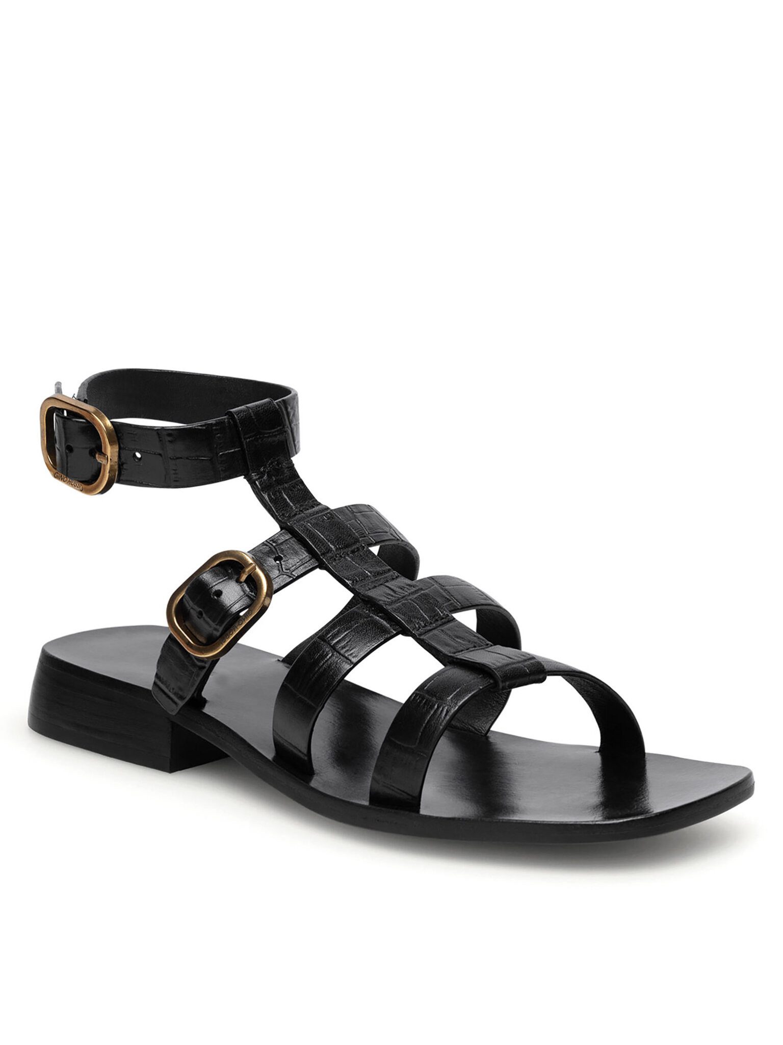 GINO ROSSI Gino Rossi LERICI‑112790 – Damen-Ledersandalen mit Schnalle Schwarz Sandale Schnalle, goldene Verzierung, offener Zehenbereich