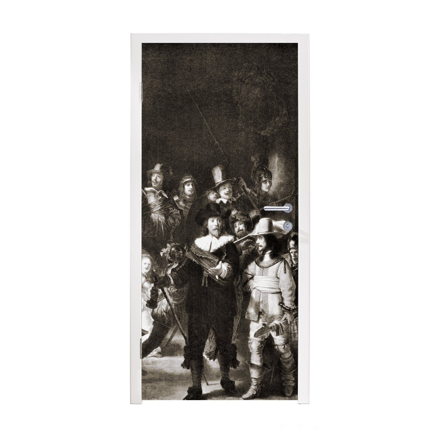MuchoWow Türtapete Die Nachtwache in Schwarz und Weiß - Gemälde von Rembrandt van Rijn, Matt, bedruckt, (1 St), Fototapete für Tür, Türaufkleber, 75x205 cm