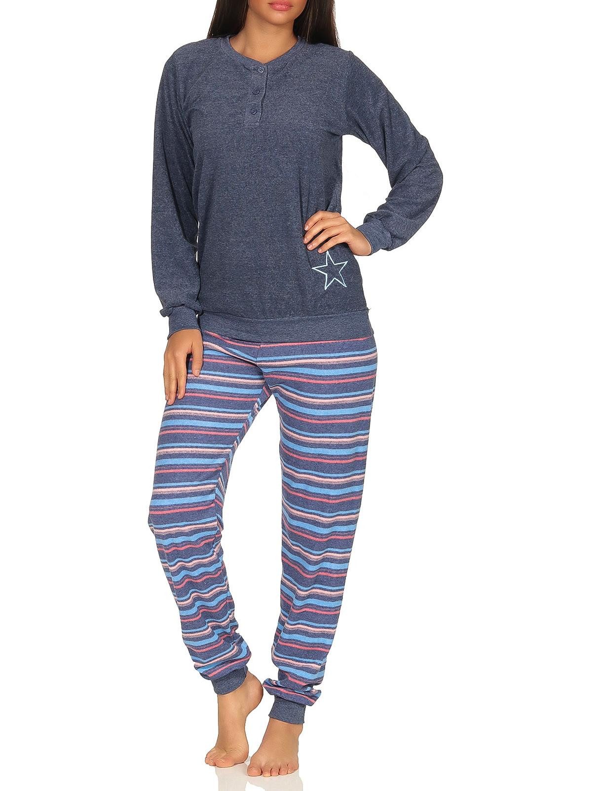 Pyjama Damen Frottee Pyjama lang mit Bündchen Hose gestreift