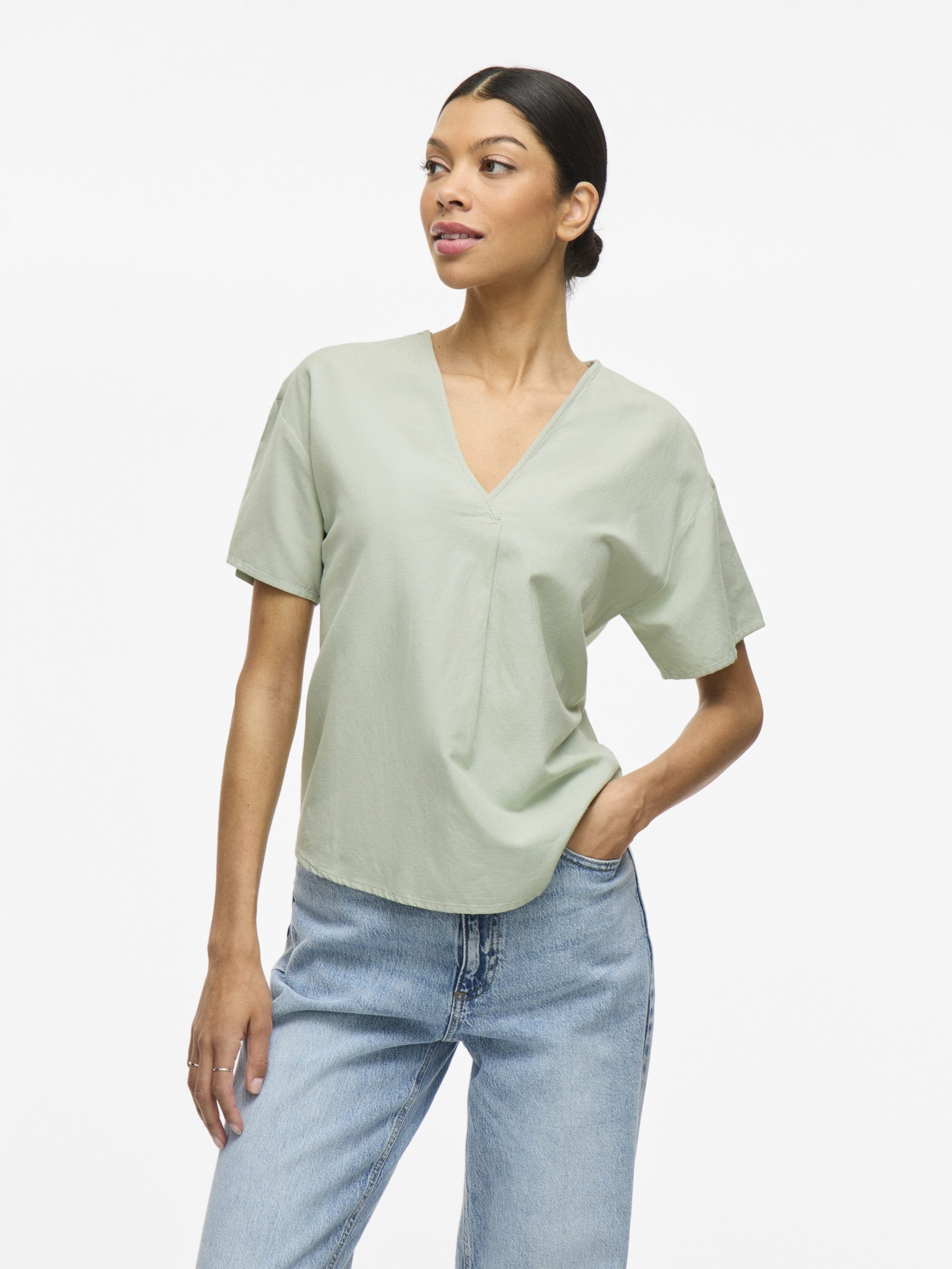 Vila Kurzarmbluse VIPRISILLA V-NECK S/S TOP/1 Silt Green