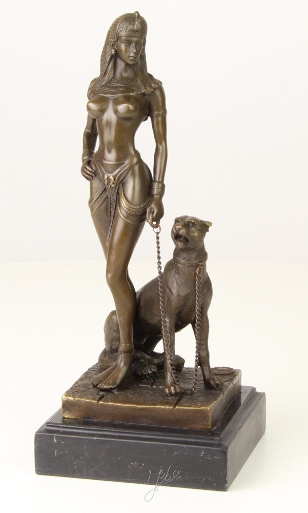 JS GartenDeko Dekofigur Bronzeskulptur Cleopatra Königin von Ägypten mit Panther H 25,5 cm
