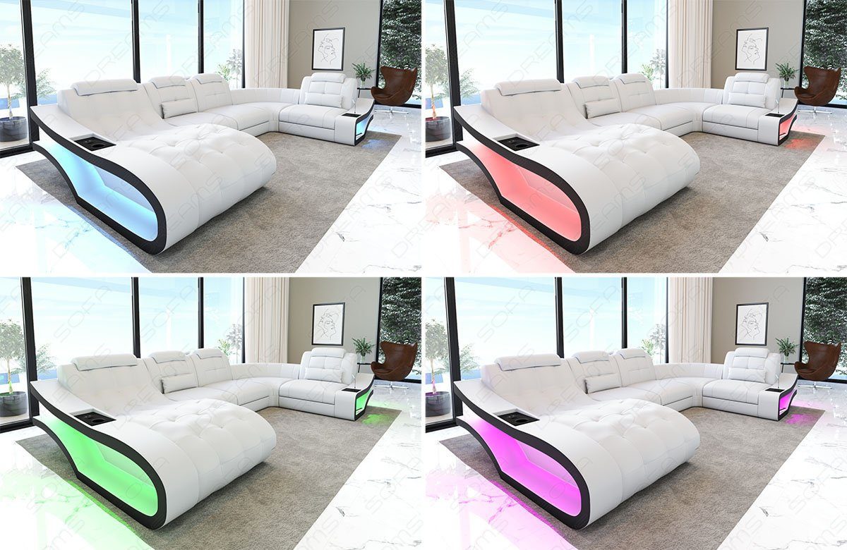 Elegante Sofa wahlweise Ledersofa LED, Couch mit Bettfunktion mit Leder Ledercouch, Sofa L-Form Dreams Ecksofa