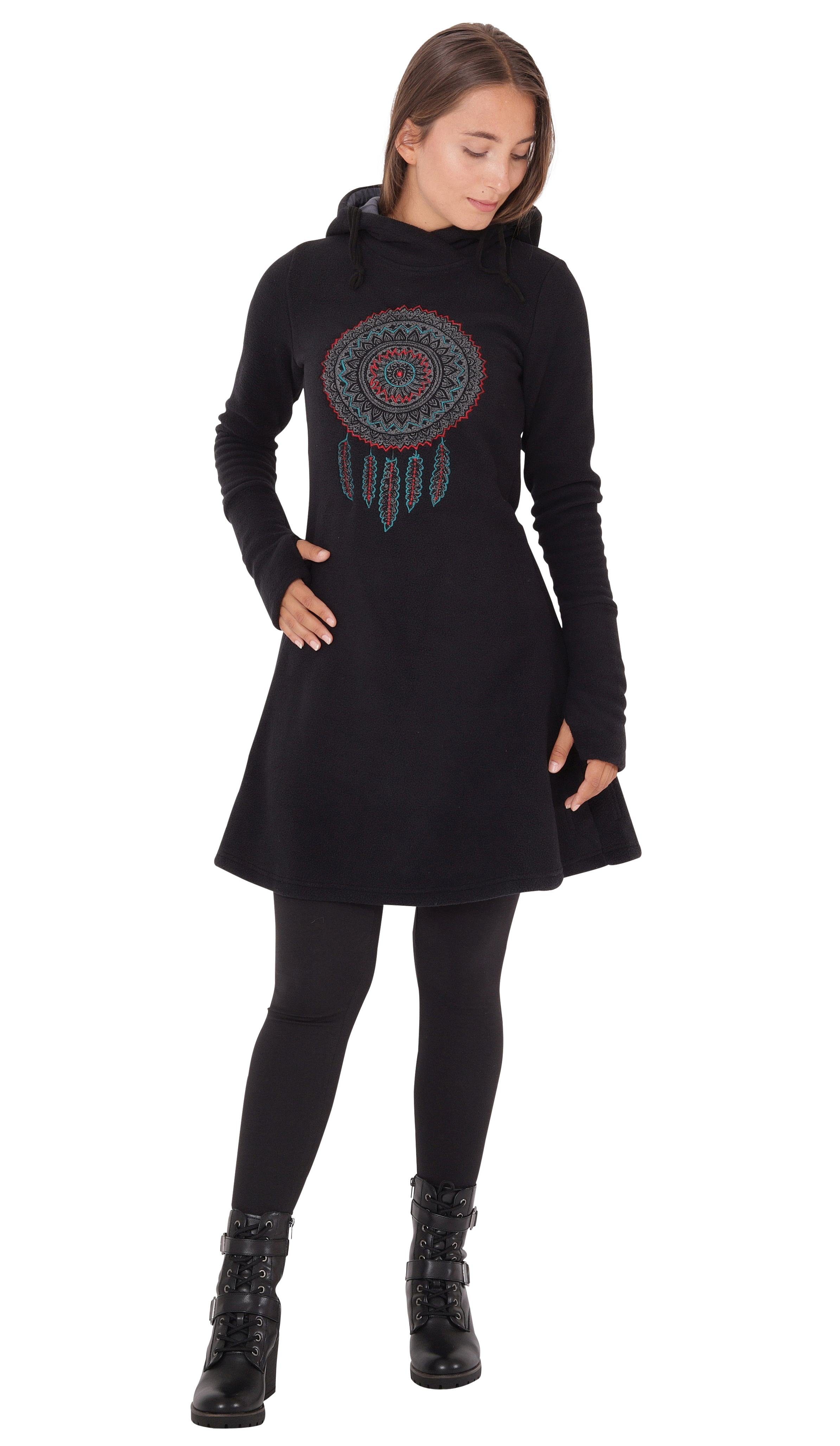 PUREWONDER A-Linien-Kleid Kapuzenkleid Winterkleid mit Traumfänger Schwarz dr31 Fleece