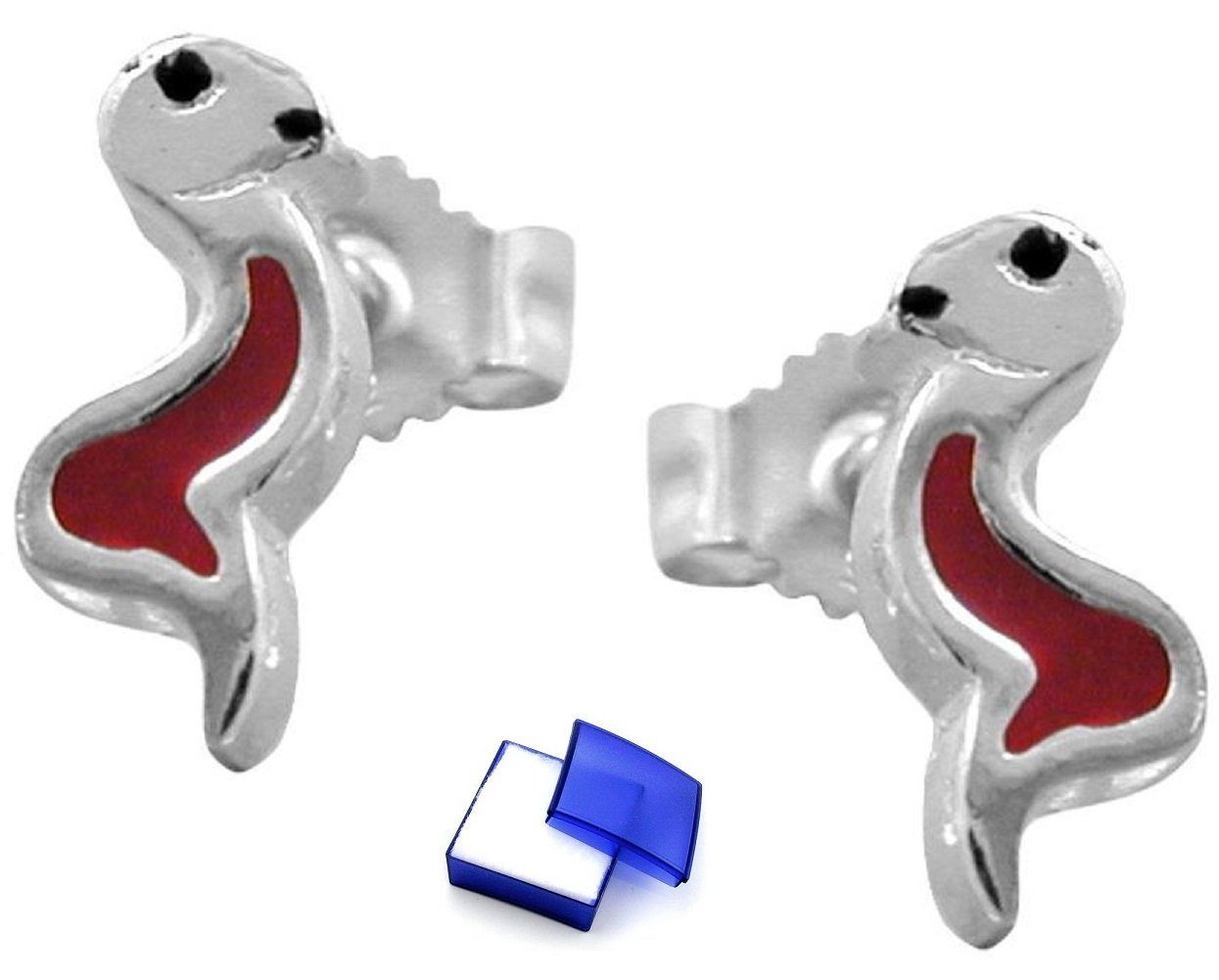 unbespielt Paar Ohrstecker Ohrringe Ohrstecker Schlange rot-schwarz 925 Silber 10 x 4 mm inklusive Schmuckbox, Silberschmuck für Kinder