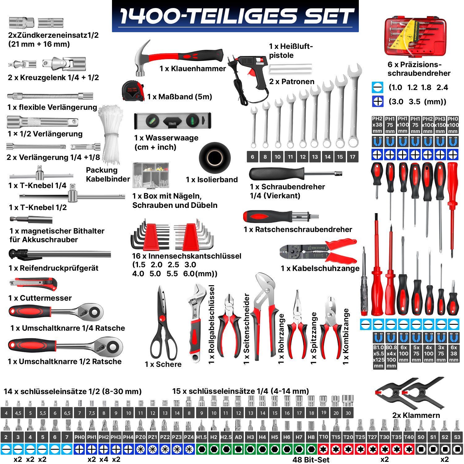MASKO Werkzeugtrolley Werkzeugkoffer 1400-teilig, Werkzeugkasten aus Aluminium mit Rollen (gefüllte Werkzeugkiste mit Profi-Werkzeugset aus 1.400 Einzelteilen), Werkzeugwagen für Werkstatt, KFZ & Haushalt mit Werkzeugen & Zubehör