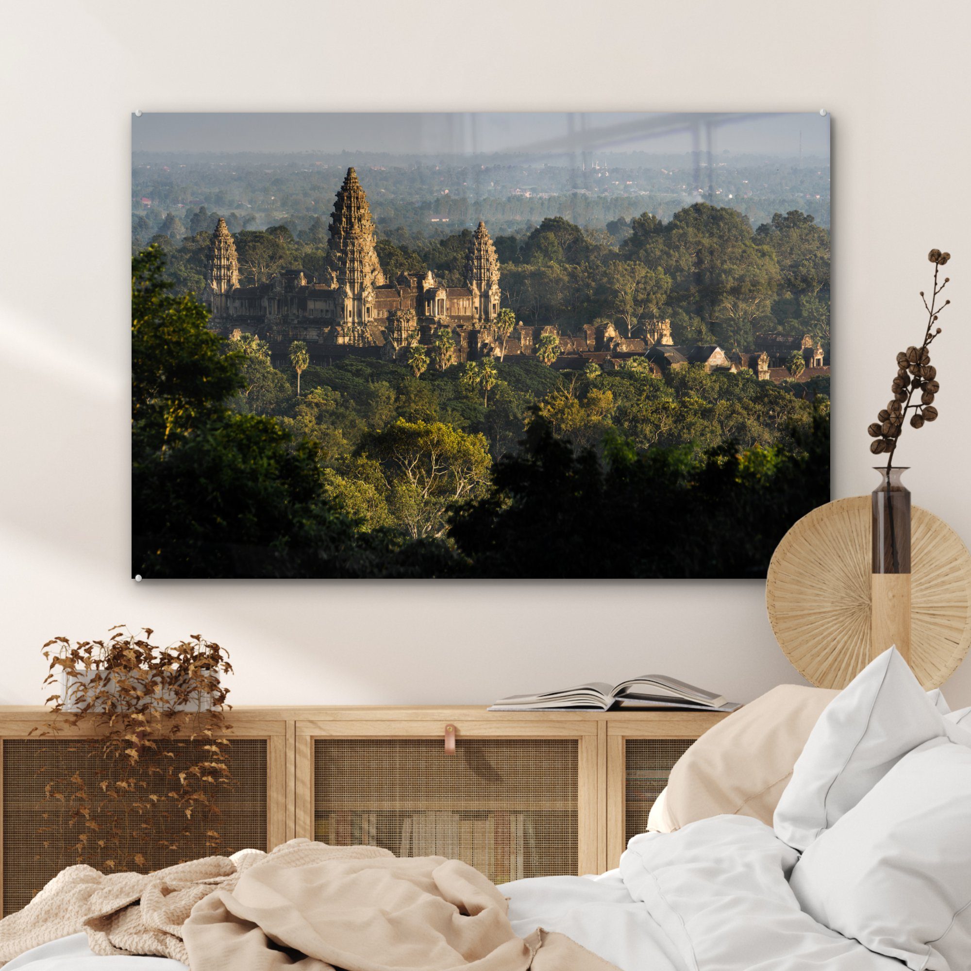 Acrylglasbilder MuchoWow den St), (1 Angkor Schlafzimmer Wat zwischen Acrylglasbild Wohnzimmer & Bäumen,