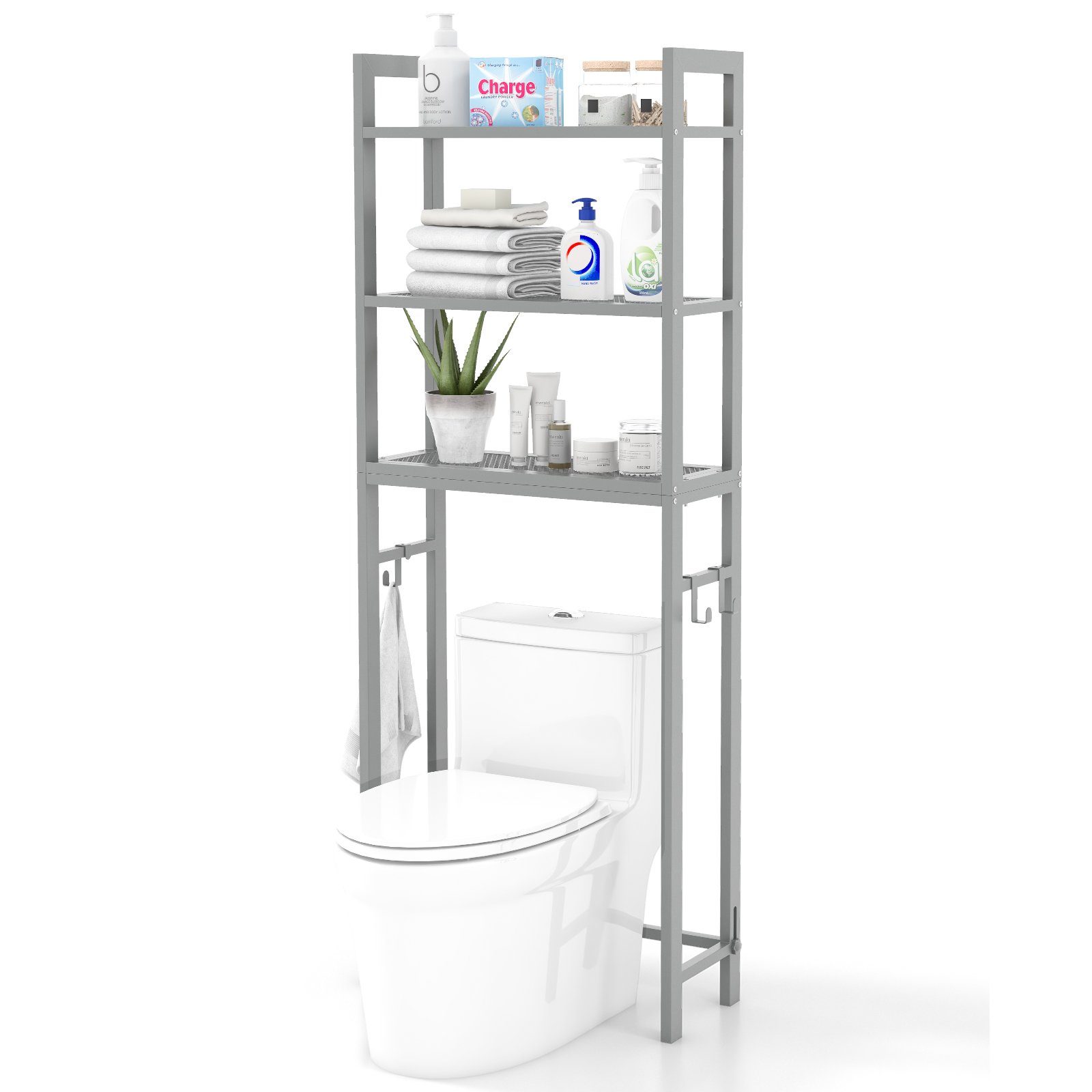 COSTWAY Badregal, stehend, Toilettenregal 170cm mit 3 ablagen & Haken,  Metall