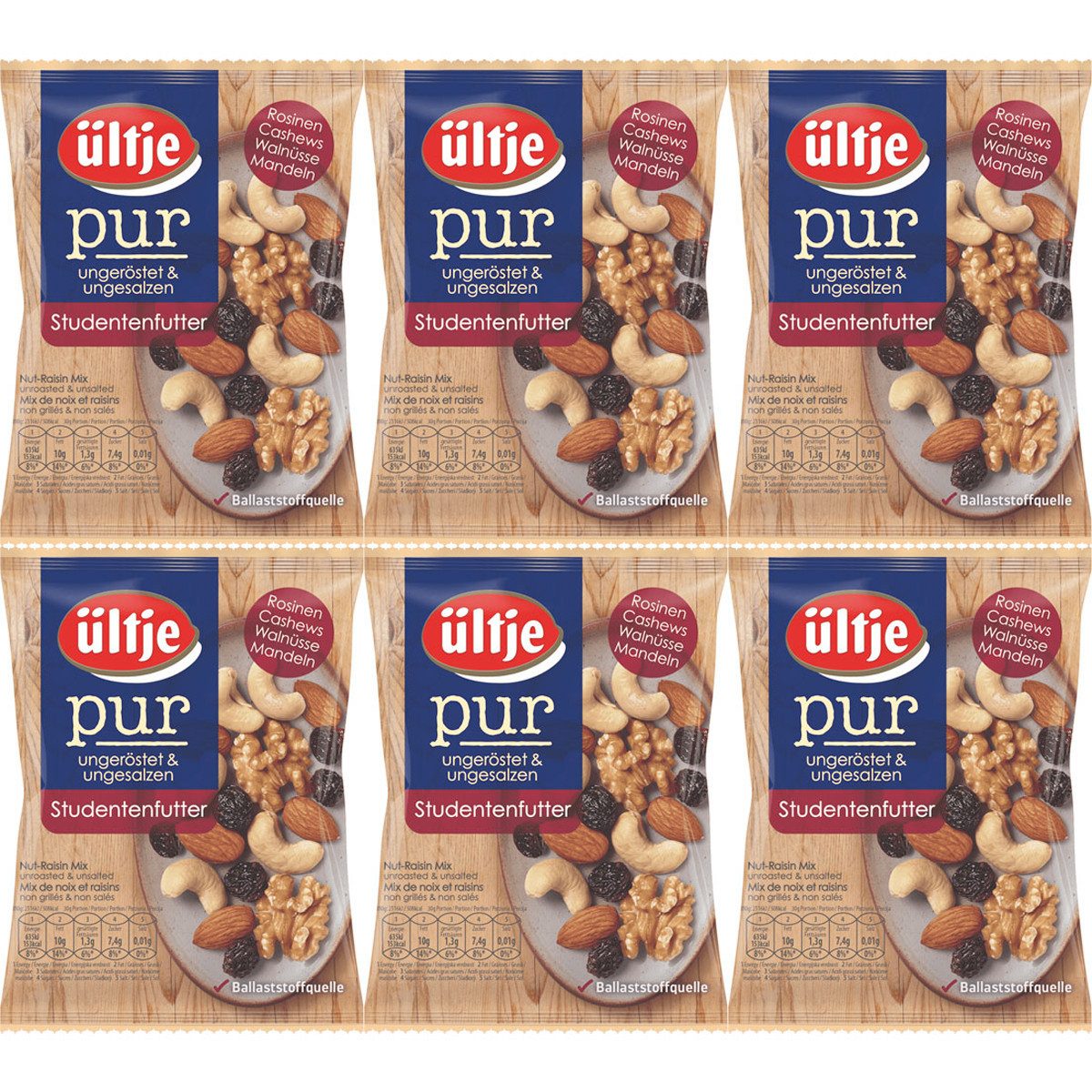 UELTJE Knabberei, Ültje Studentenfutter pur ungeröstet und ungesalzen 150g 6er Pack