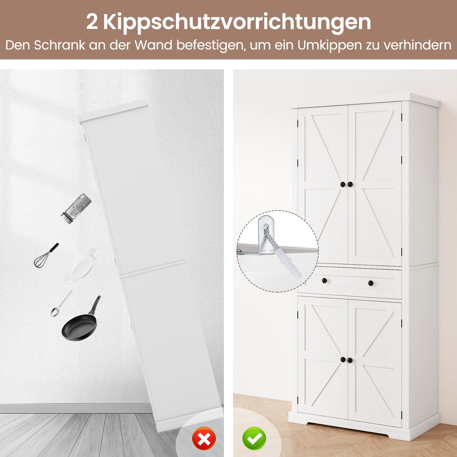 COSTWAY Vorratsschrank Küchenbuffet Hochschrank, mit Schiebetabletts, 184cm – Bild 5 von 5