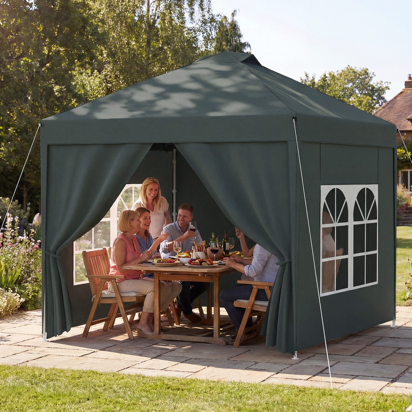 Huracan Faltpavillon Gartenpavillon mit 4 abnehmbaren Seitenwänden, mit 4 Seitenteilen, PU1500mm wasserdicht, One-Touch-Hebesystem, Pop Up Pavillon