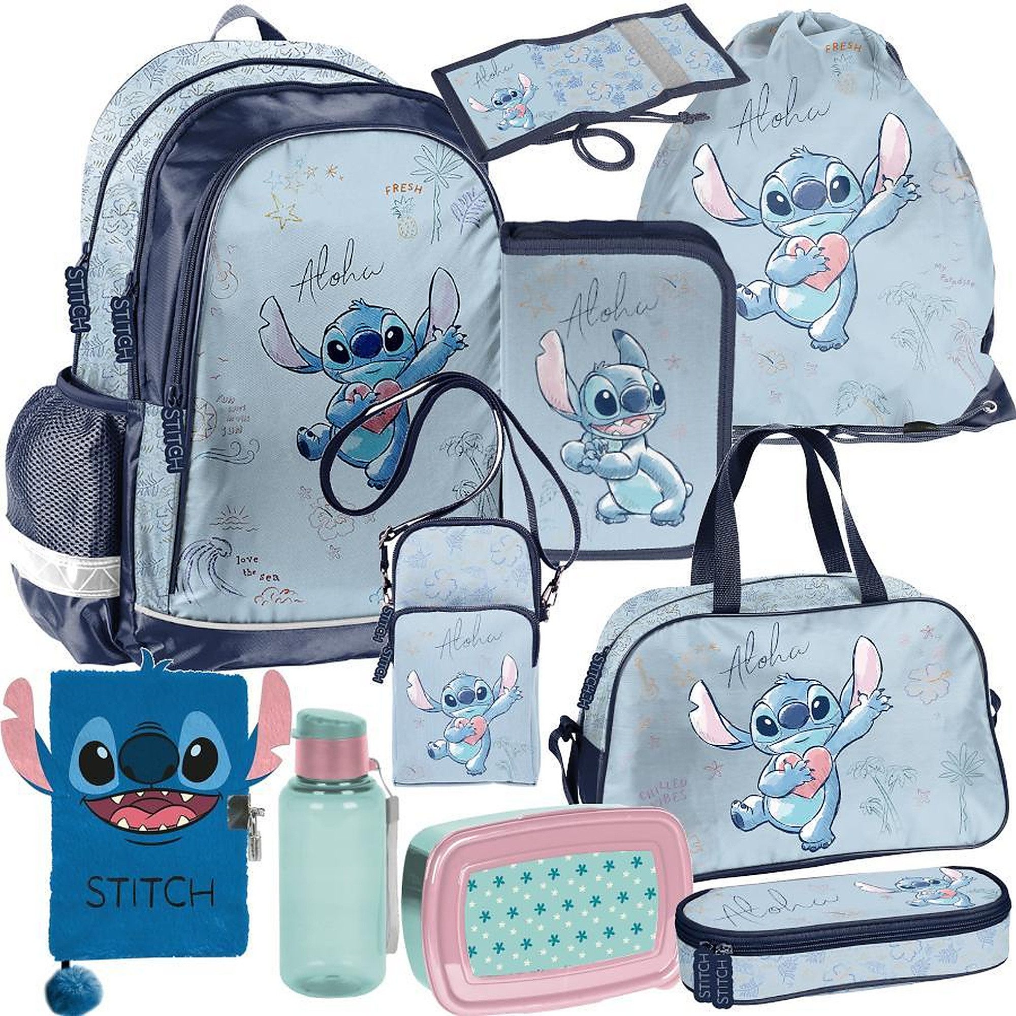 PASO Schulrucksack Stitch Disney Mega (Schulset, 10-tlg), Schulranzen-Set Für Jungen & Mädchen Klasse 1–4
