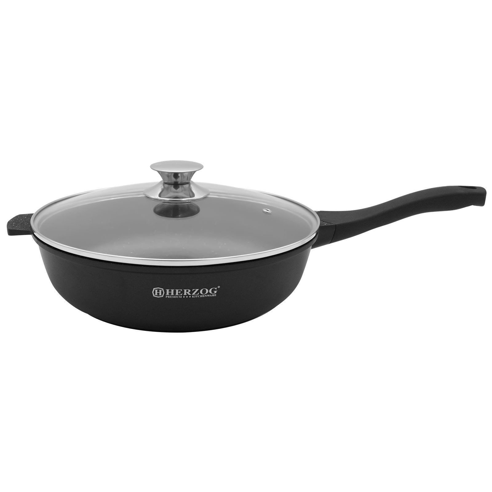 Kitchen Pro + Schmorpfanne mit Glasdeckel – Bratpfanne Antihaftbeschichtet, Robuste Pfanne, Aluminium (1 Bratpfanne, 1 Glasdeckel), robustes material