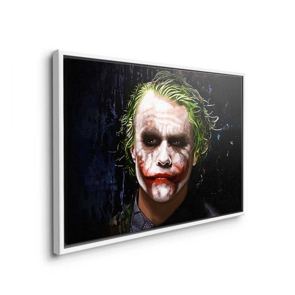 DOTCOMCANVAS® Leinwandbild, Leinwandbild mit schwarz Rahmen Film TV Porträt Charakter Joker schwarzer crazy Batman