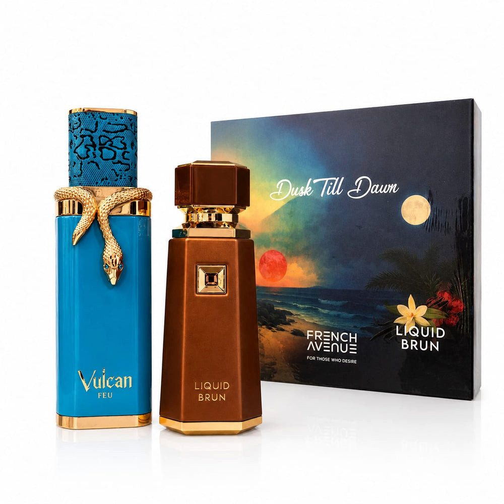 Fragrance World Duft-Set Dusk Till Dawn Vulcan Feu & Liquid Brun + Parfümzerstäuber (leer) Set