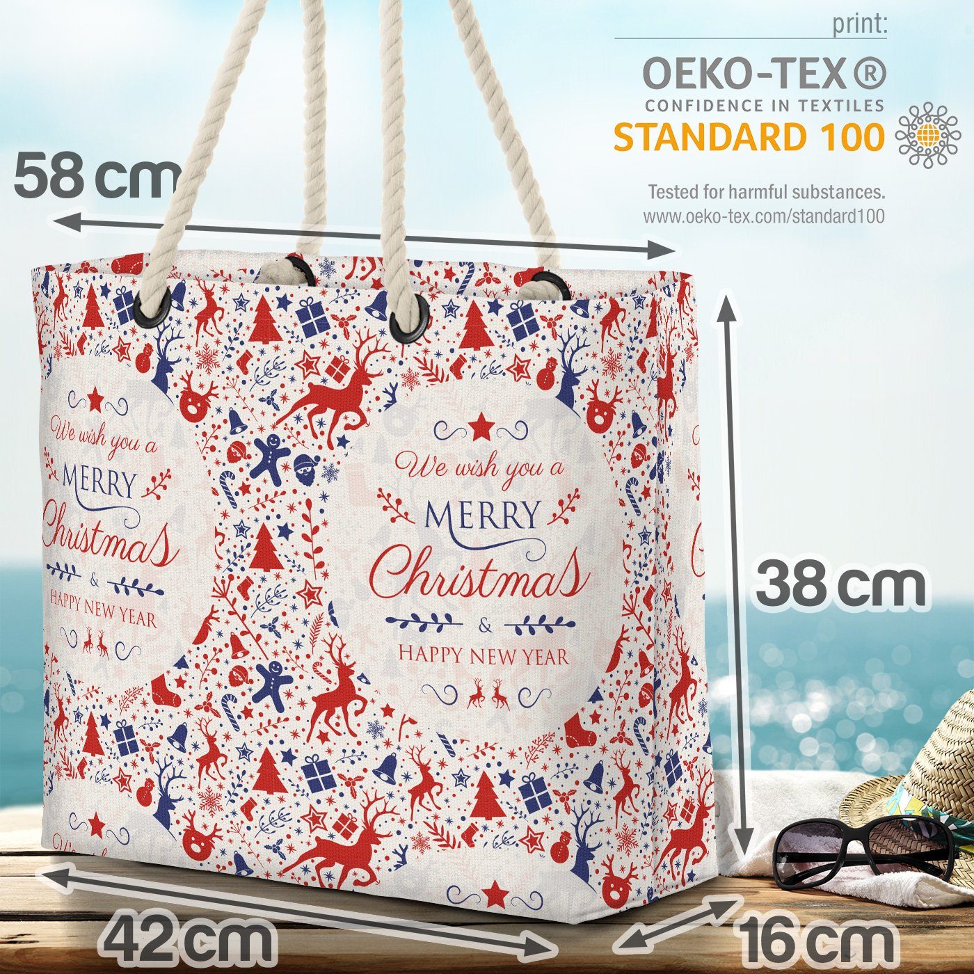 VOID Strandtasche (1-tlg), We wish New Wint Christmas Weihnachten you Merry Bag Silvester Year Beach Happy