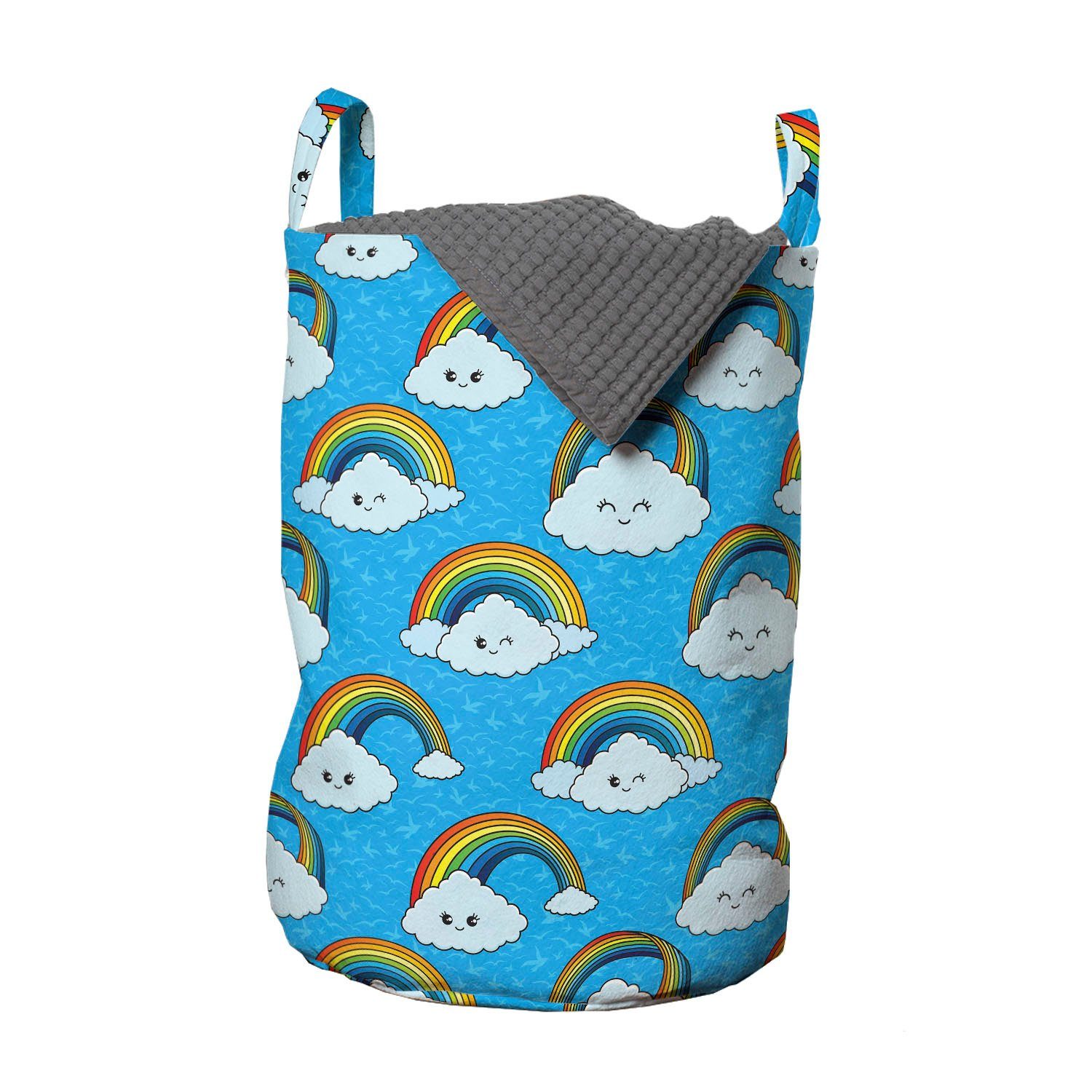 Abakuhaus Wäschesäckchen Wäschekorb mit Griffen Kordelzugverschluss für Waschsalons, Kindisch Glückliche Wolken und Regenbogen | Wäschesäcke