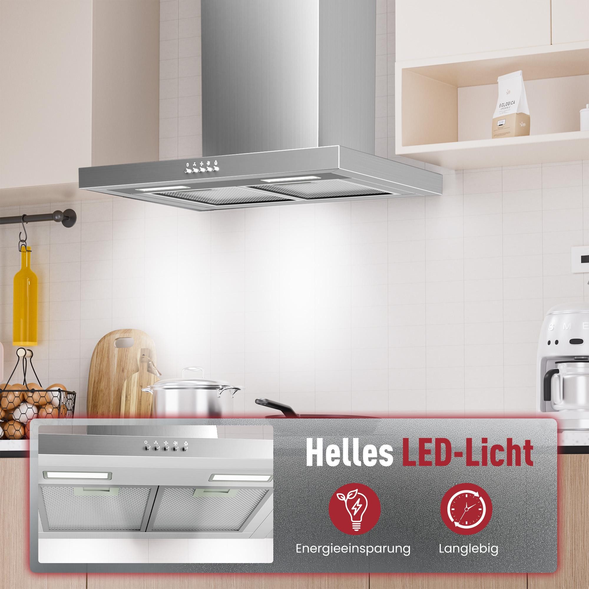 Levivo Wandhaube A++ Dunstabzugshaube 60cm Umluft & Abluft mit 380 m³/h Aktivkohlefiltern, Fettfiltern, LED-Beleuchtung – Bild 4 von 5