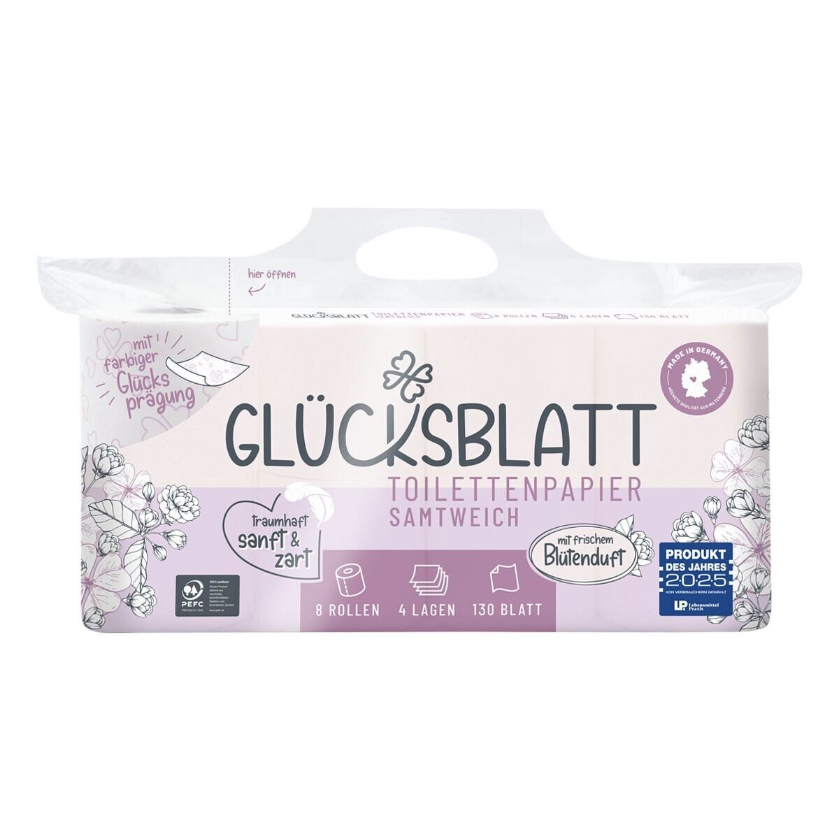 Glücksblatt Toilettenpapier Samtweich mit frischem Blütenduft, 4-lagig, 8 Rollen, 130 Blatt/Rolle, mit Duft & Prägung
