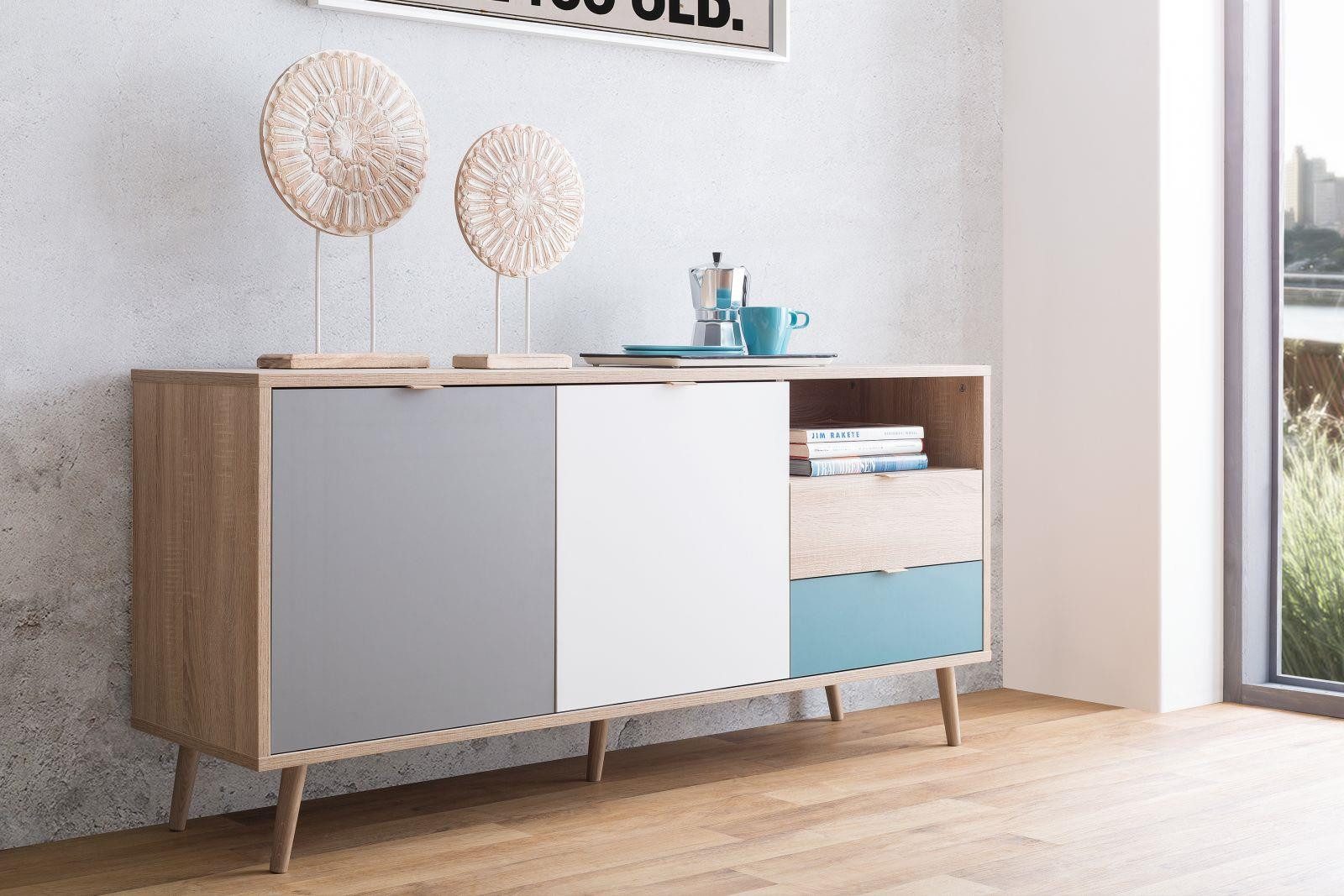 möbelvita Sideboard Sideboard Lima 51 - in Sonoma Eiche/Weiß/Grau/Petrol