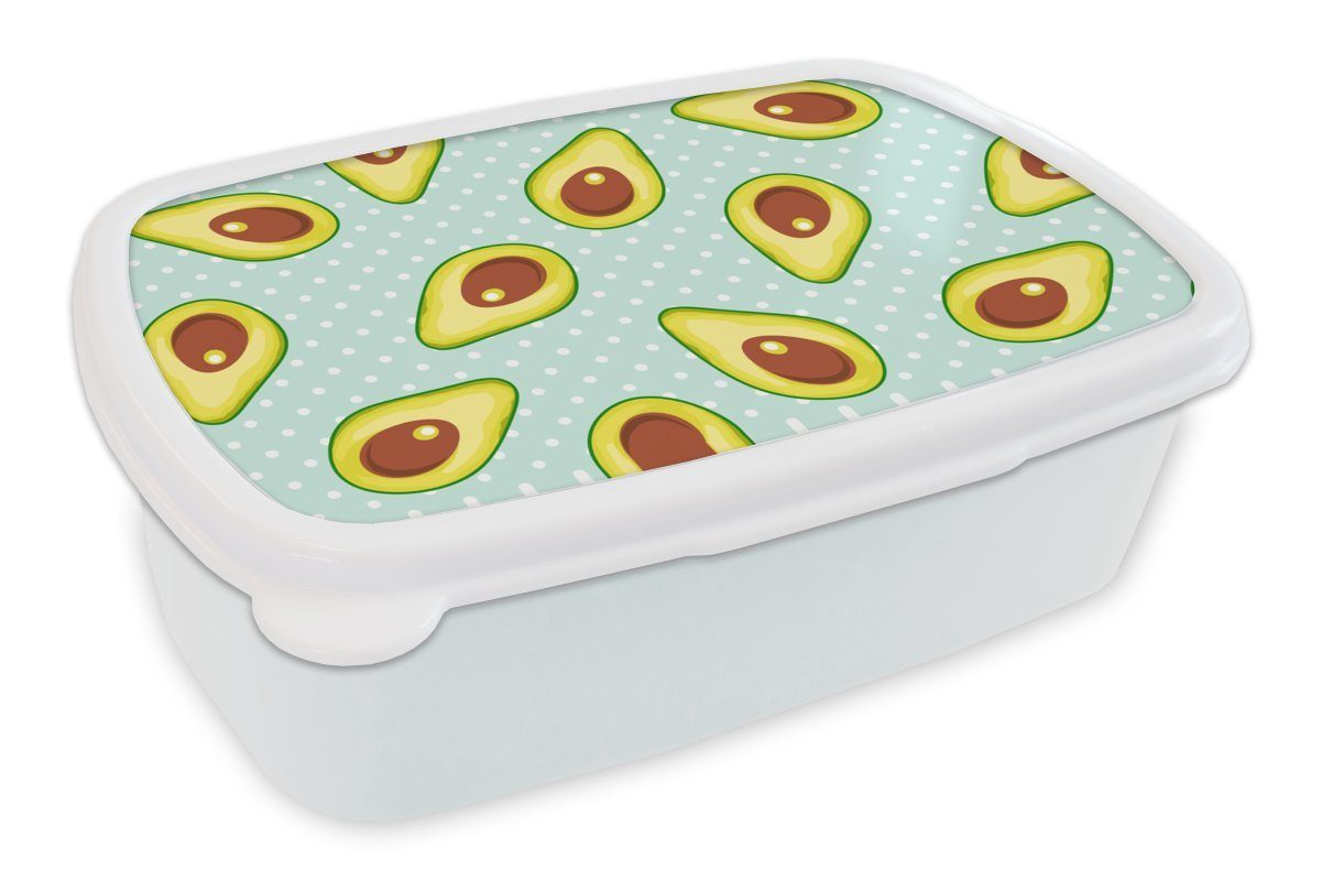 MuchoWow Lunchbox Avocado - Muster - Polka dots, Kunststoff, (2-tlg), Brotbox für Kinder und Erwachsene, Brotdose, für Jungs und Mädchen weiß
