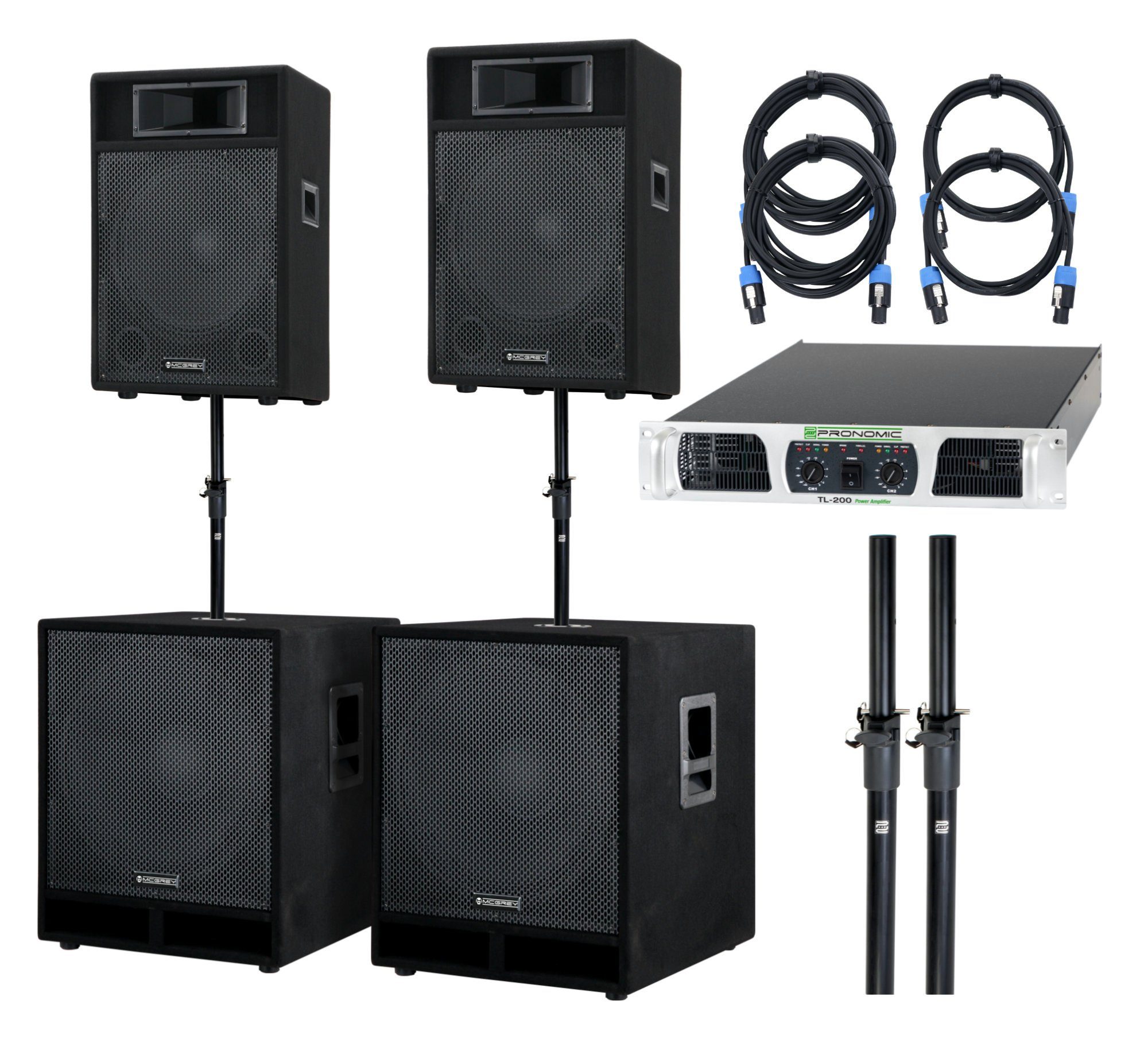 2x McGrey Boxen W, (N/A, Subwoofer und inkl. 2x Set Party-Lautsprecher Powerstage-4400 Komplett-Anlage Lautsprecher 1100 PA Party 15'' Endstufe) 18''