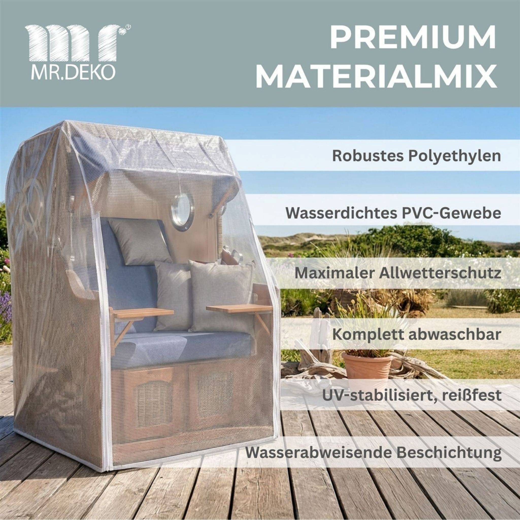 MR.DEKO Strandkorb-Schutzhülle PVC M – Transparent, UV-stabil & wetterfest, für 2-Sitzer (Passend für alle 2-Sitzer Strandkörbe bis 120 cm Breite, 1-St), Abdeck – Bild 4 von 5