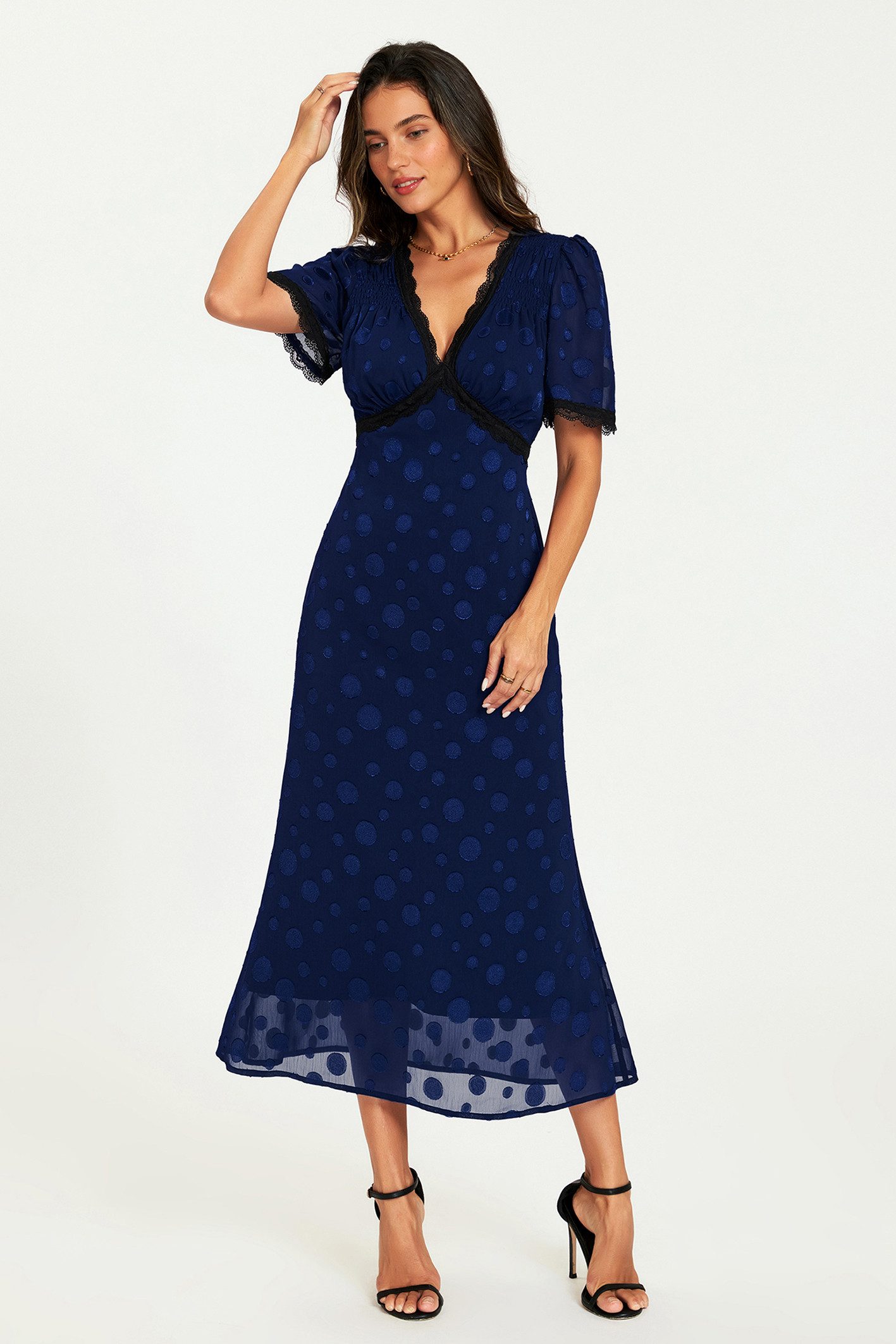 FS Collection Abendkleid Damen Midikleid Abendkleid mit Polka-Dot-Jacquard und Spitze (S,M,L und XL) Polka-Dot-Jacquard, Spitzenbesatz, Empire-Taille, Puffärmel