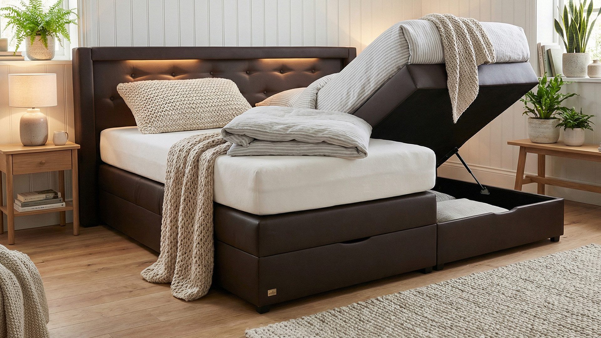 PAARA Boxspringbett Paris Bettkasten Kopfteil verstellbar LED Licht, inkl. Matratze und Topper, mit einzigartigem Belüftungssystem