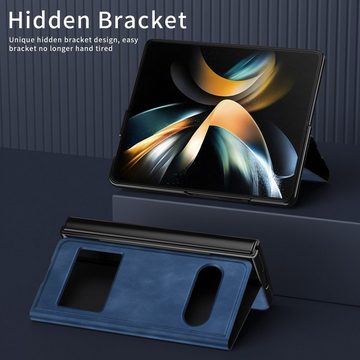 Wigento Handyhülle Für Samsung Galaxy Z Fold4 5G Window View Flip Cover Kunstleder Handy Tasche Hülle Etuis D-Blau