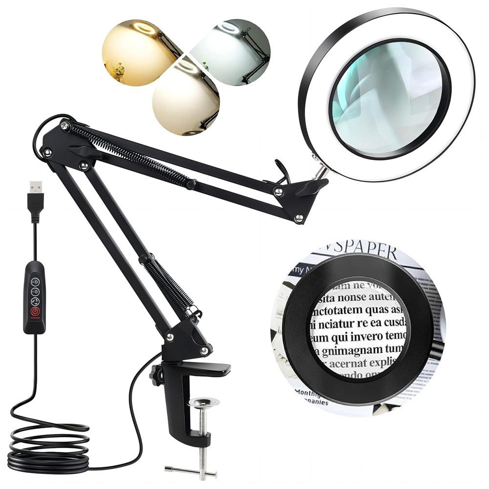 TUWENA Lupenlampe Lupe mit Licht und Klemme, 10X LED Lupenleuchte aus echtem Glas, 3 Farbmodi Dimmbare, Lupenlampe für Hobbys,Basteln,Lesen und Naharbeit