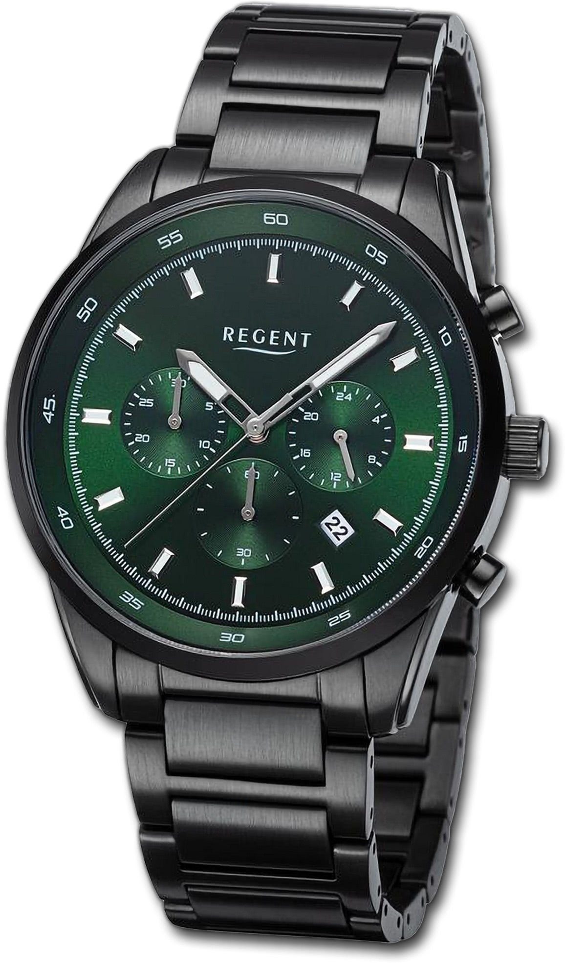 Regent Quarzuhr Regent Herren Armbanduhr Analog, Herrenuhr Metallarmband schwarz, rundes Gehäuse, extra groß (ca. 44mm)