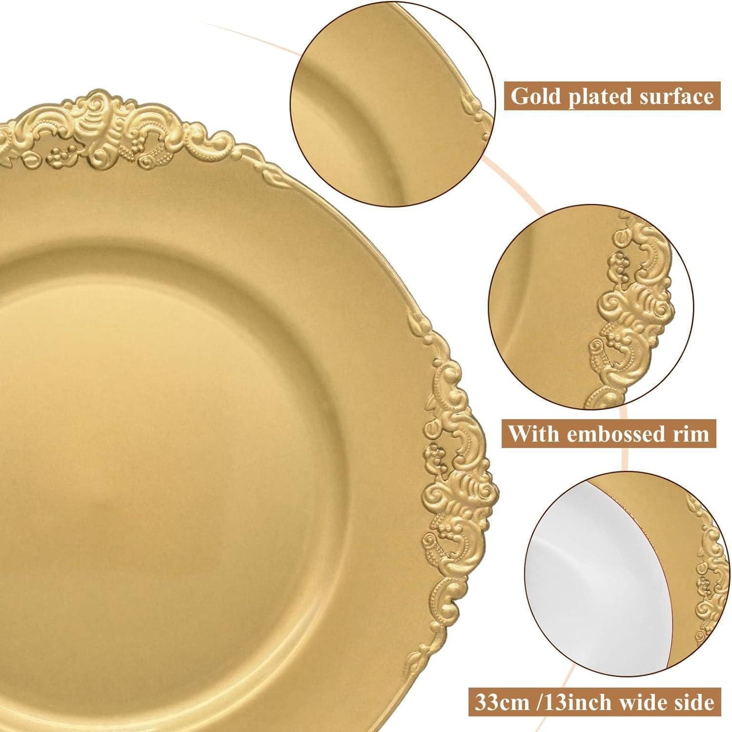 LuxusKollektion Servierteller 12er Set Goldene Platzteller mit geprägtem Rand, 33cm, Kunststoff, für