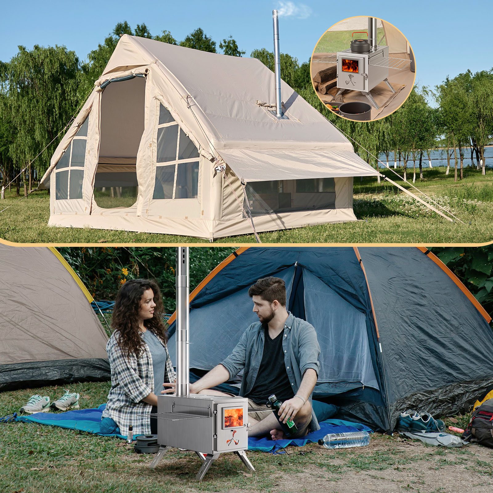 Meulbaty Feuerstelle Heißer Zeltofen, Camping-Holzofen für Zelt, tragbarer Holzofen, (1-St), aus Edelstahl, mit 7 Kaminrohren für Wandzelt-Camping, Kochen