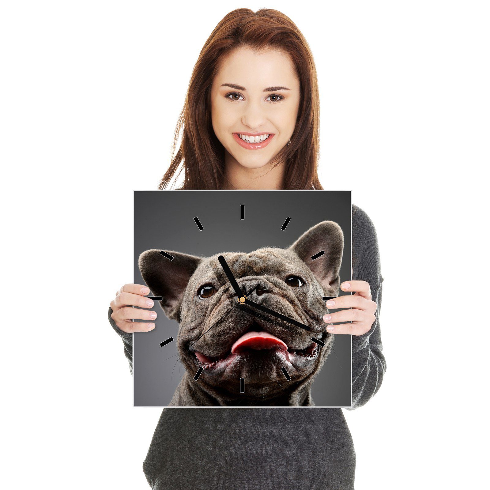 von x 30 Wanduhr mit Glasuhr Wandkunst Bulldogge 30 Zunge cm Größe Primedeco Motiv Wanduhr