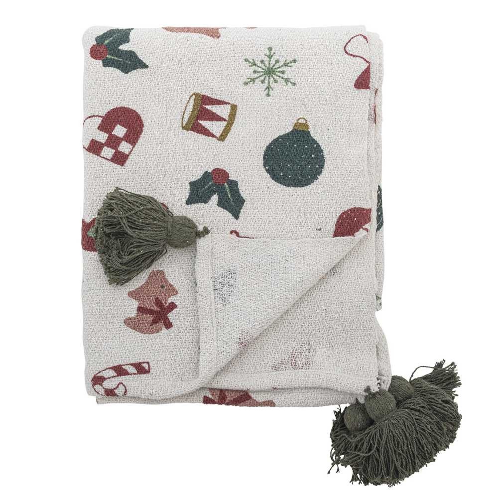 Wolldecke Bloomingville Decke YULE Natur Weihnachtsmotiv Quasten Grün 160x1 günstig online kaufen