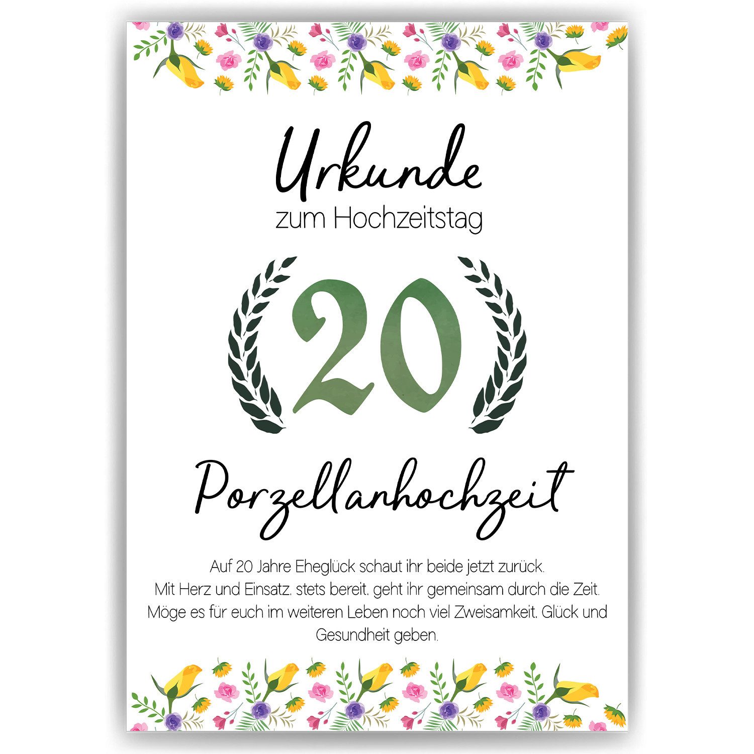 Tigerlino Poster 20. Hochzeitstag Geschenk Urkunde zur Porzellanhochzeit Deko