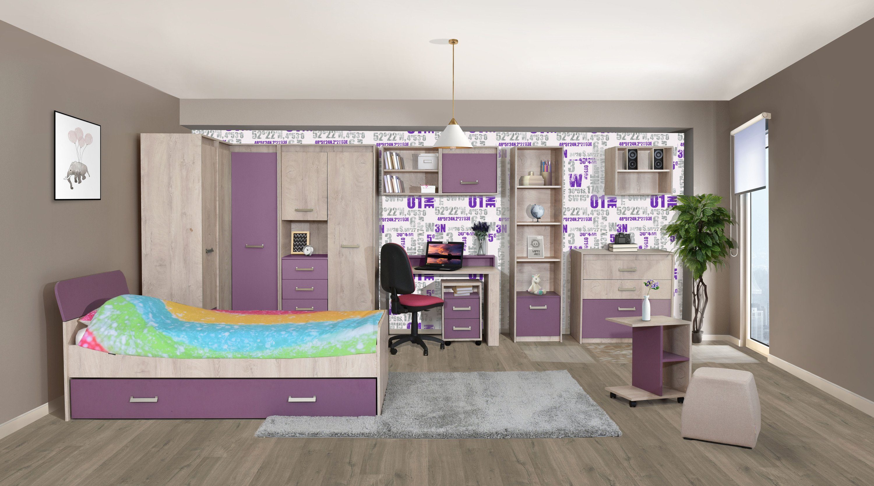 HYPE Rooms Raumteiler Hängeschrank KINDER Eiche/lila, eiche/lila Premium 1 Tür | 60x42x50 1 mit Einlegeboden und Eiche/lila premium