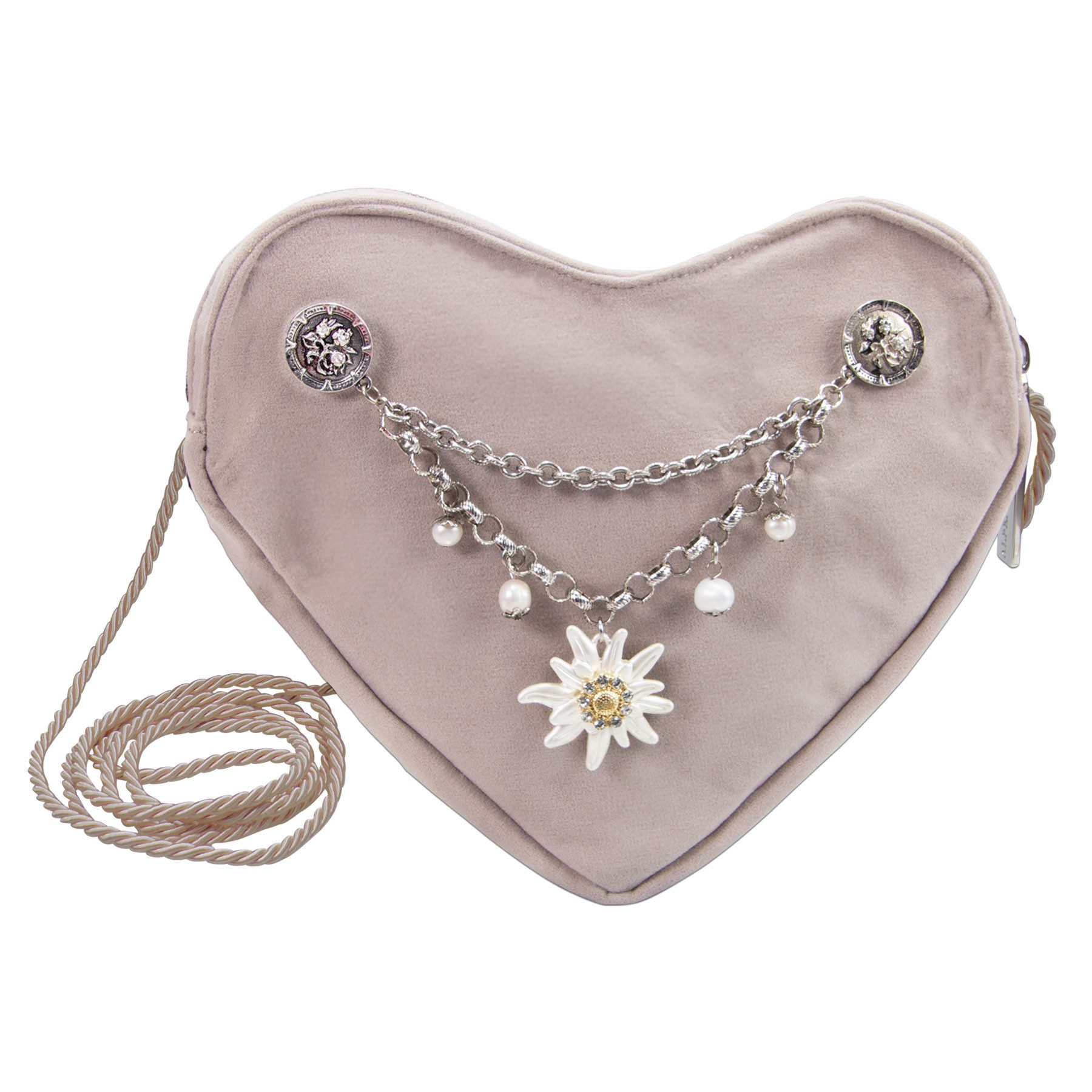 Alpenflüstern Schultertasche Herztasche Strass-Edelweiß Greta Charivari (taupe-grau), - Damen Trachtentasche in Herzform, Schultertasche fürs Dirndl, Herz H
