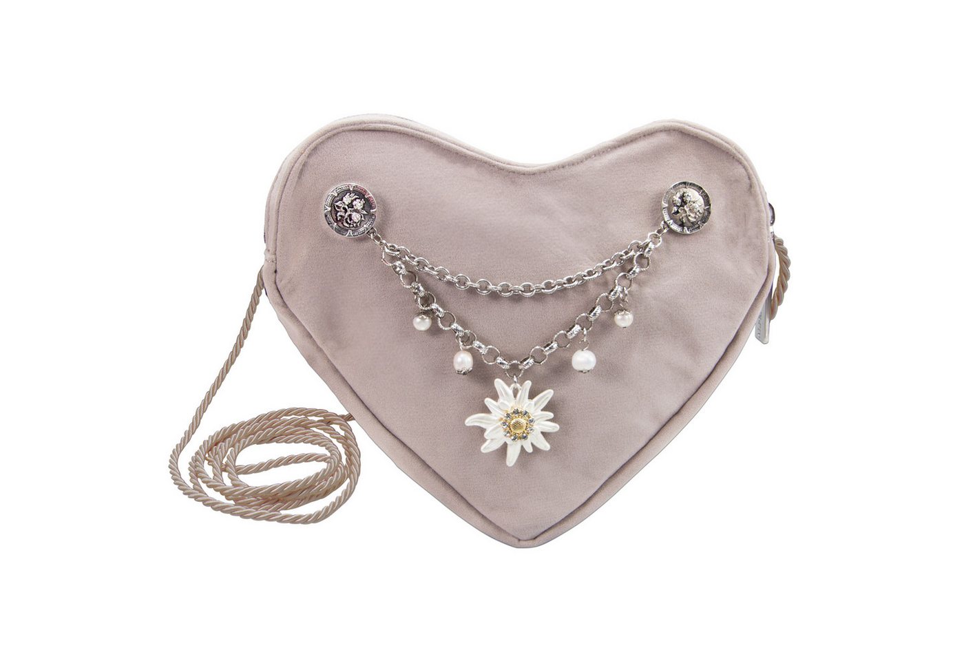 Alpenflüstern Schultertasche Herztasche Strass-Edelweiß Greta Charivari (taupe-grau), - Damen Trachtentasche in Herzform, Schultertasche fürs Dirndl, Herz H