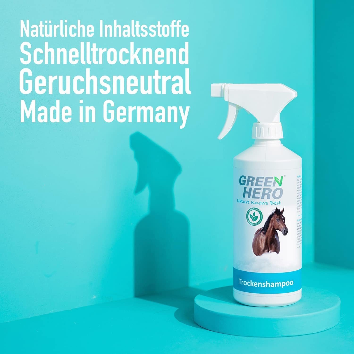 Pferde, Reinigung Trockenshampoo-Spray 500 ml, für Tiershampoo zur Pferdetrockenshampoo GreenHero natürliches