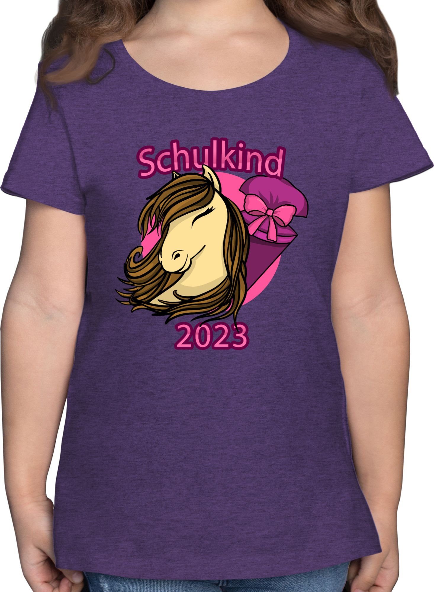 Shirtracer T-Shirt Schulkind 2023 Pferd mit Schultüte Einschulung Mädchen 1 Lila Meliert