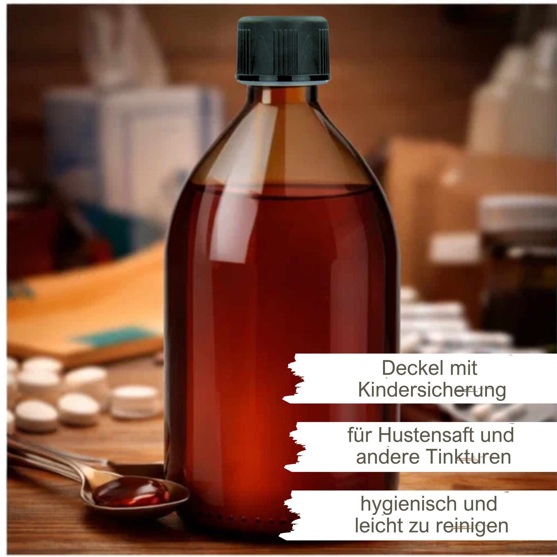 mikken Kanister 4x Apothekerflasche 1000ml braun mit Deckel Medizinflasche 1L (4er Set), UV-Schutz, Kindersicherung, Apothekerqualität