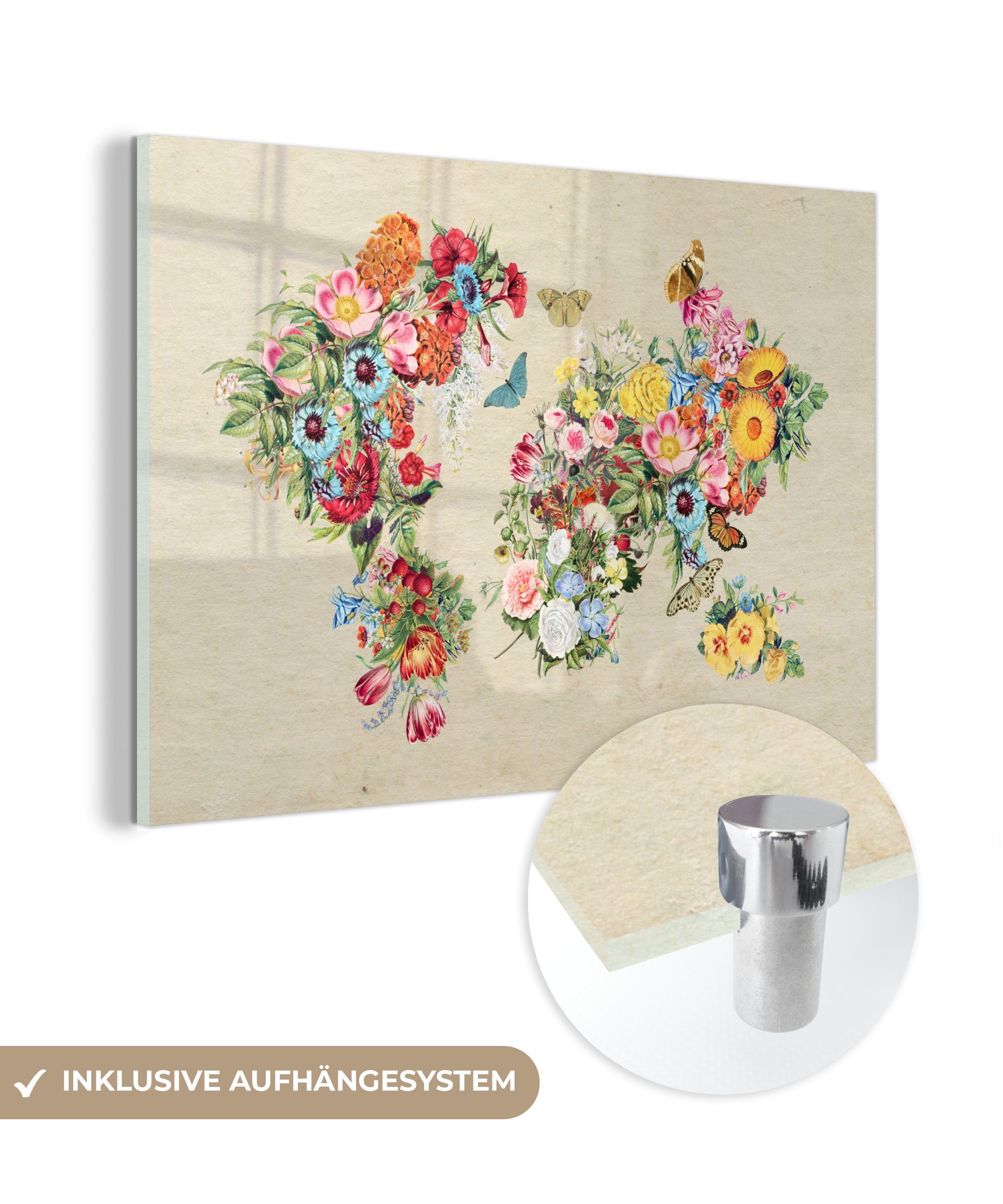 MuchoWow Acrylglasbild Weltkarte - Blumen - Bastelpapier, (1 St), Acrylglasbilder Wohnzimmer & Schlafzimmer