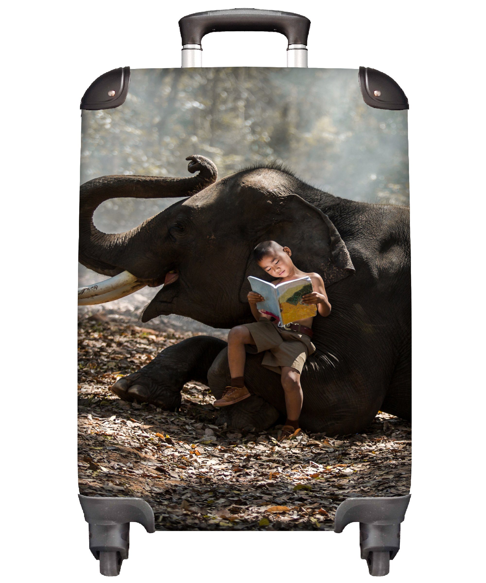 MuchoWow Handgepäckkoffer Ferien, - - für Trolley, Tiere 4 Natur, Buch Wald Handgepäck Rollen, rollen, Reisekoffer Reisetasche - mit - Elefant Junge 