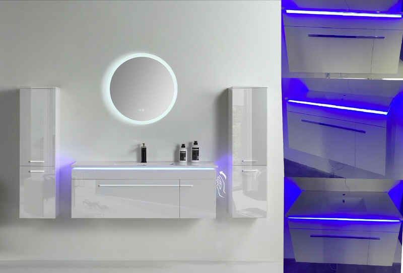 Faizee Мебель Badmöbel-Set Badmöbel Set 90/120 cm Weiß komplett Set Vormontiert Weiß mit LED, (Komplett-Set, 5-St), badmöbel set Weiß komplett Set LED-Spiegel mit Touch-Funktion