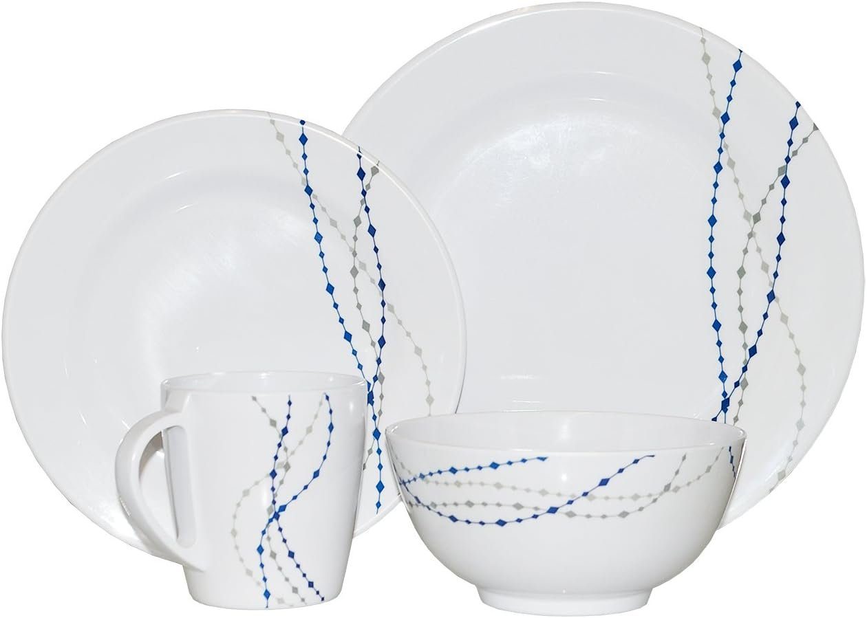 Geschirr-Set 100% Melamin Geschirr (4-24 teilig) Line elfenbeinweiß/blau rund