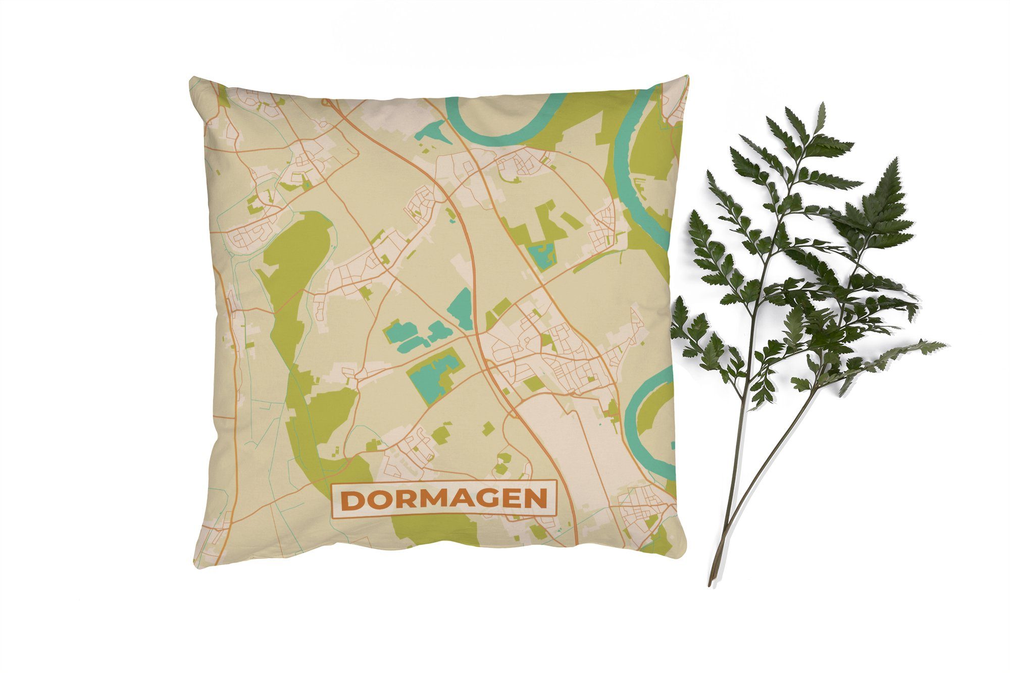 MuchoWow Dekokissen Dormagen - Karte - Vintage - Stadtplan, Zierkissen mit Füllung für Wohzimmer, Schlafzimmer, Deko, Sofakissen