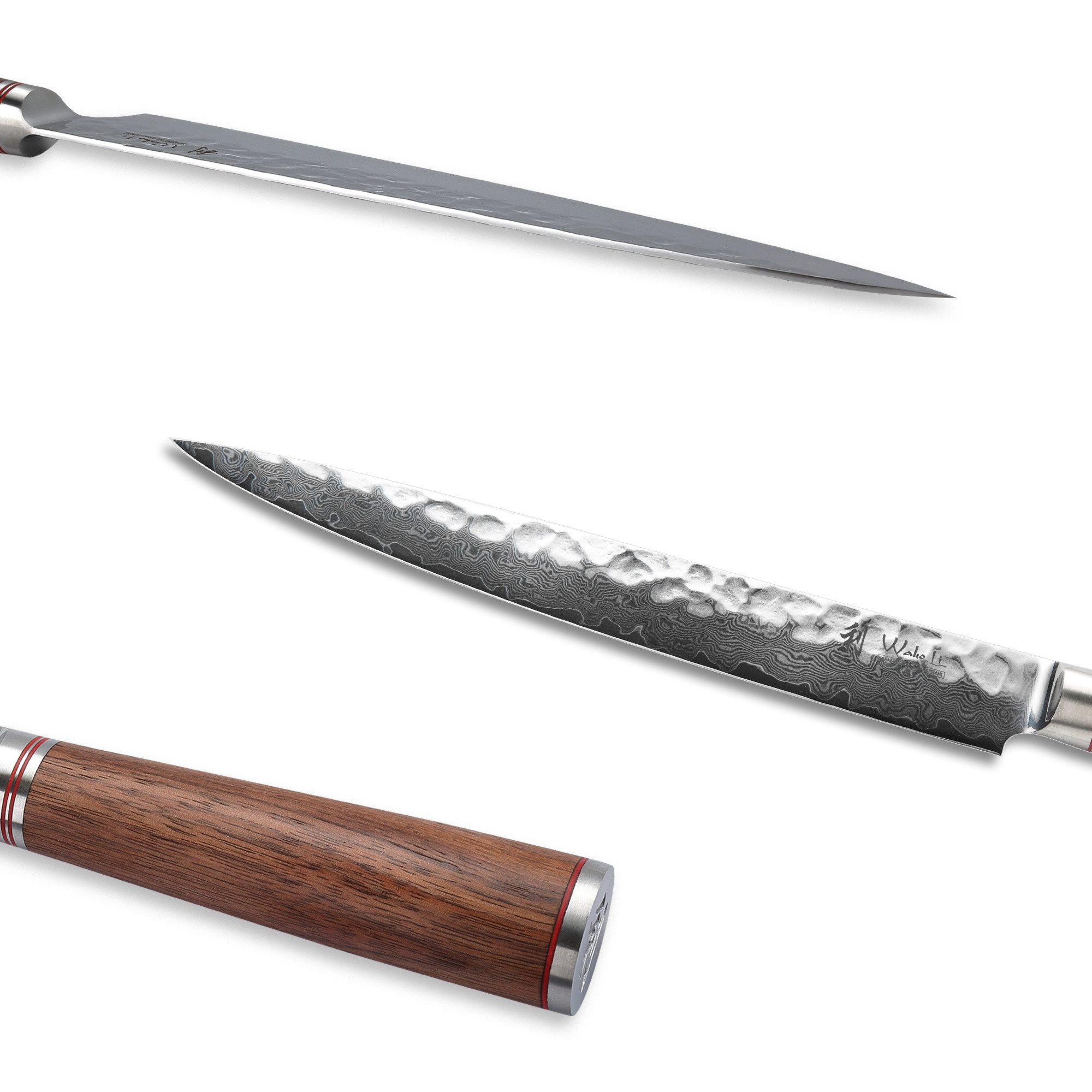 Wakoli Tranchiermesser Nussbaum Damast Sashimi Kochmesser 25 cm Klinge Nussbaumholzgriff, Damaststahl, VG10, Nussbaumholz