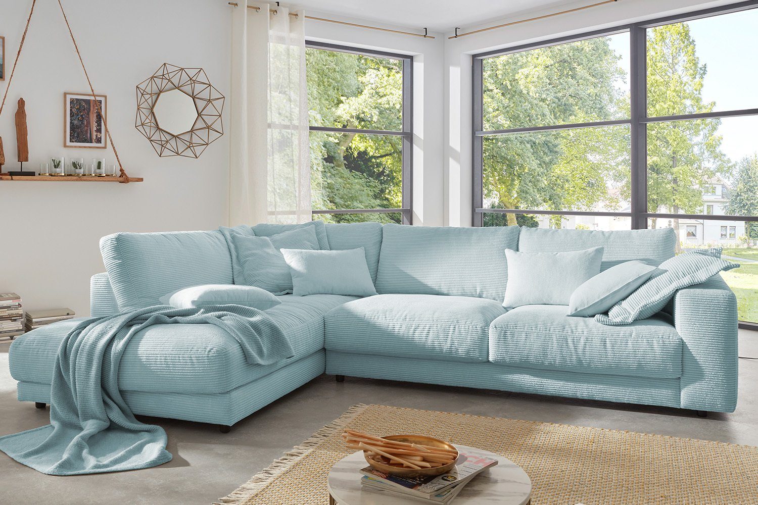 KAWOLA Ecksofa MADELINE, versch. Farben rechts od. Cord, Sofa hellblau Recamiere links